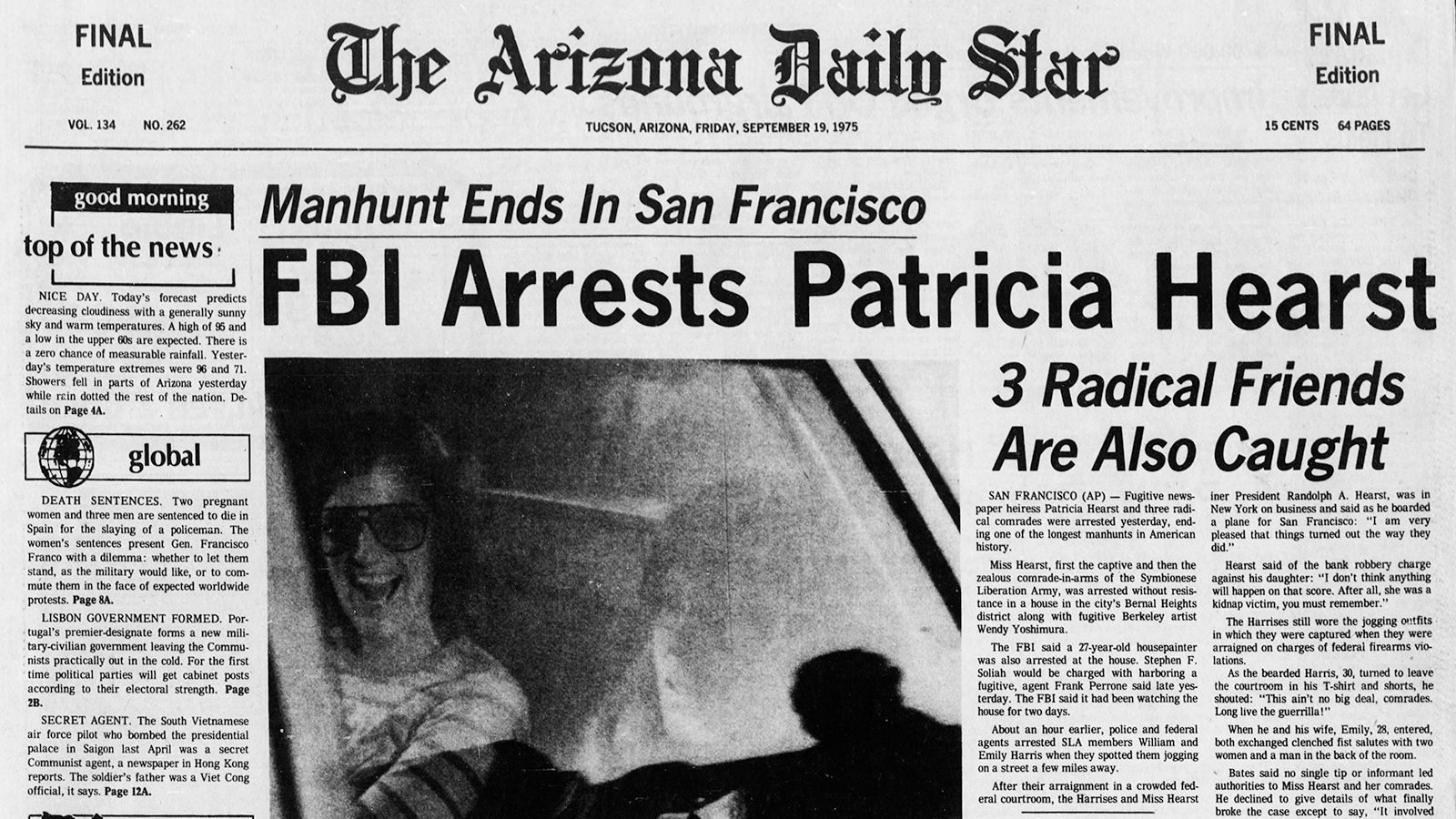 Sept. 19 ÃÛÌÒÓ°ÏñAV front pages: Patricia Hearst arrested